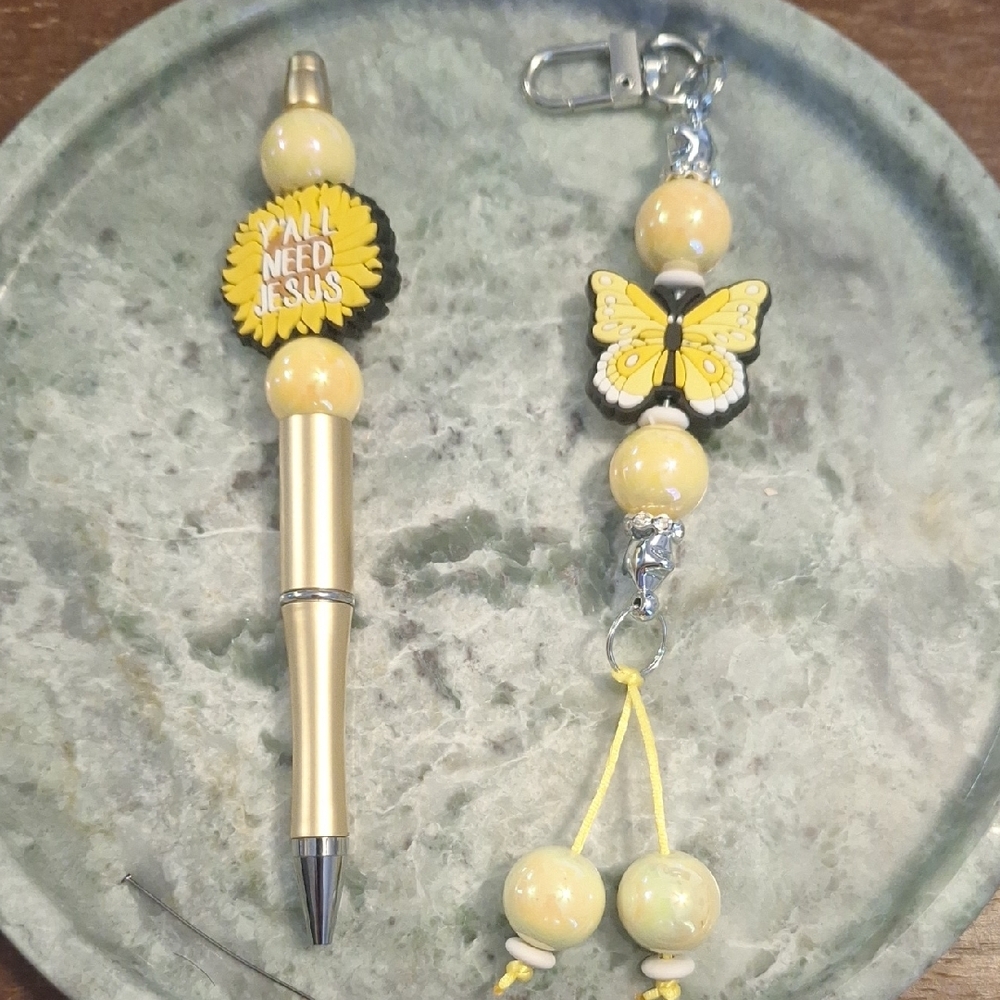 Yellow Inspirational Beaded Pen and Keychain Bag Charm Set